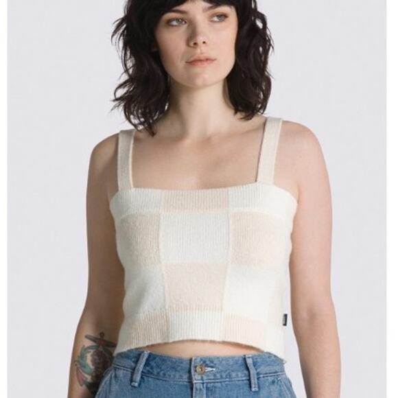 NWT Vans Knit Tank Top Size Small Sydney Beige Cream Checkered Cropped - Picture 1 of 7